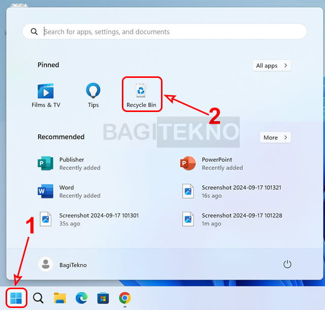 Memunculkan Recycle Bin Windows 11 lewat Start Menu