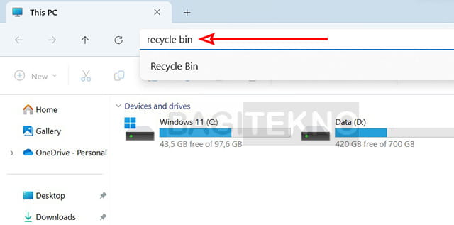 cara membuka Recycle Bin lewat Address Bar File Explorer